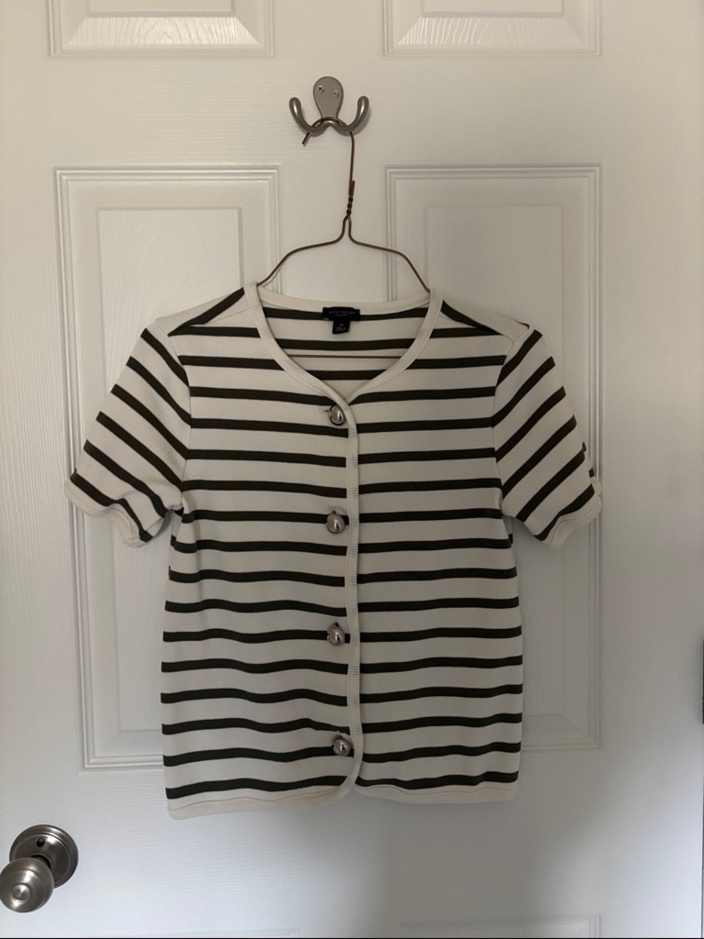 Ann Taylor Green and White Striped Short Sleeve Button Front Top